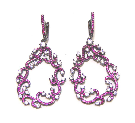 Simulated Diamond Ruby Dangle Earrings, , 925 Sterling Silver, Black Gold