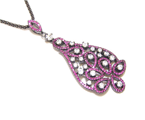 Simulated Diamond Ruby Dangle Pendant, Necklace, 925 Sterling Silver, Black Gold
