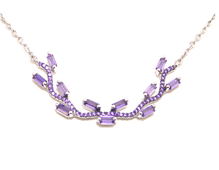Simulated Amethyst Bar Necklace, 925 Sterling Silver, Platinum Embraced