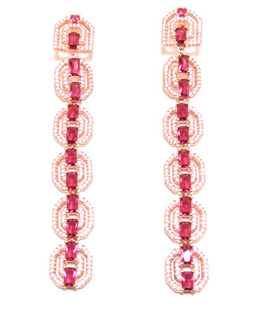 Simulated Diamond & Ruby Long Dangle Earrings, 925 Sterling Silver, Rose Gold