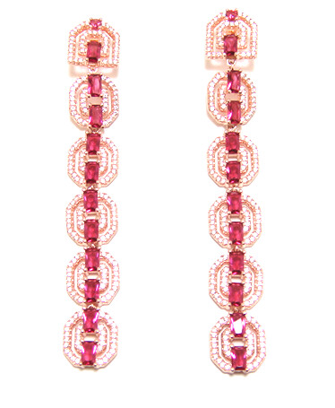 Simulated Diamond &amp; Ruby Long Dangle Earrings, 925 Sterling Silver, Rose Gold