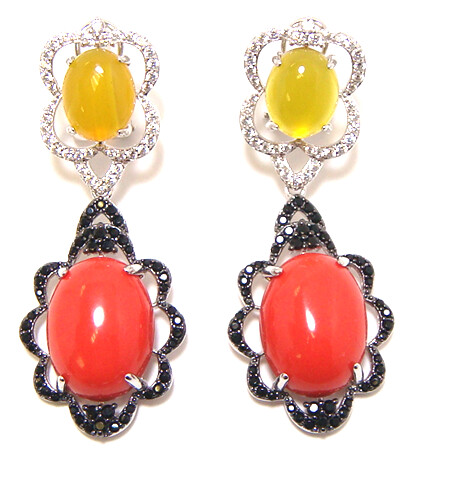 Yellow Jade & Shell Coral Oval Dangle Earrings, 925 Sterling Silver