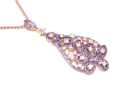 Simulated Diamond Amethyst Dangle Pendant, Necklace, 925 Sterling Silver, Rose Gold