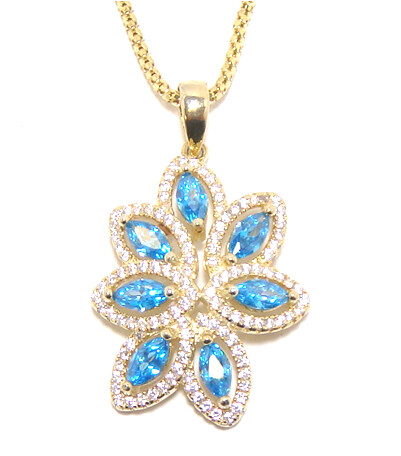 Simulated Diamond &amp; Blue Topaz Pendant 925 Sterling Silver, Yellow Gold