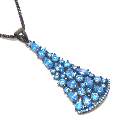 Simulated Blue Topaz Dangle Pendant, Necklace, 925 Sterling Silver, Black Gold