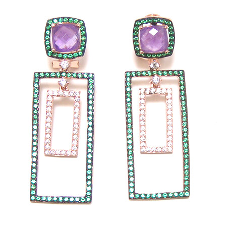 Amethyst Geometric Dangle Earrings in Sterling Silver &amp; Rose Gold
