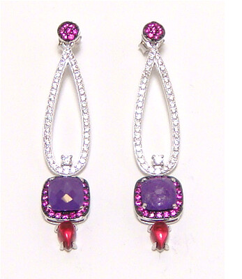 Square-Shaped Natural Amethyst Graduated Drop Earrings in Sterling Silver with Platinum Embraced