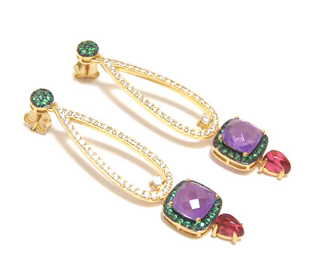 Square-Shaped Natural Amethyst Graduated Drop Earrings in Sterling Silver with 14k Gold Plate