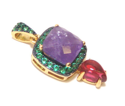 Square-Shaped Natural Amethyst Pendant in Sterling Silver with Yellow Gold Plate
