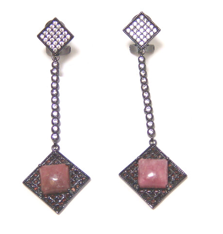 Square-Shaped Natural Red Jasper Earrings in Sterling Silver with Black Gold Embraced