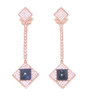 Square-Shaped Natural Sodalite Earrings in Sterling Silver with Rose Gold Embraced