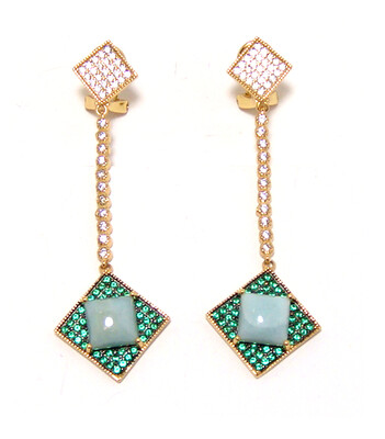 Square-Shaped Natural Green Aventurine Earrings in Sterling Silver with Yellow Gold Embraced