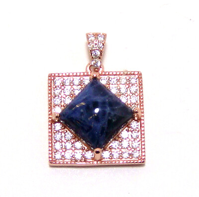 Square-Shaped Natural Blue Sodalite Pendant in Sterling Silver with Rose Gold Embraced