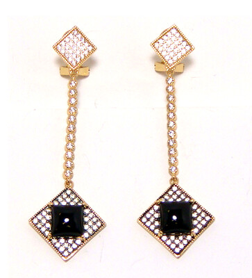 Square-Shaped Natural Black Obsidian Earrings in Sterling Silver with Yellow Gold Embraced