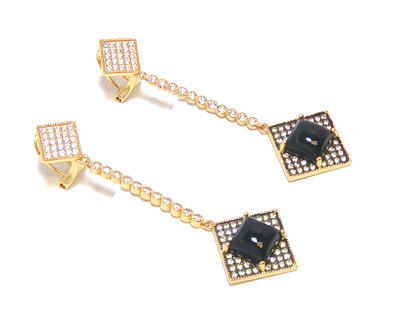 Square-Shaped Natural Black Obsidian Earrings in Sterling Silver with Yellow Gold Embraced