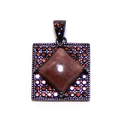 Square-Shaped Natural Red Jasper Pendant in Sterling Silver with Black Gold Embraced