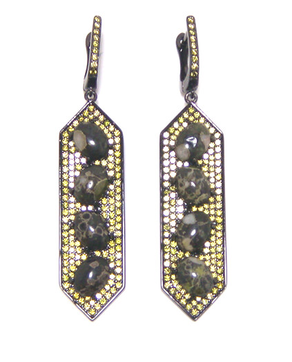Prongs-Set Green Serpentine Linear Four Stone Drop Earrings in Sterling Silver, Black Gold Plate