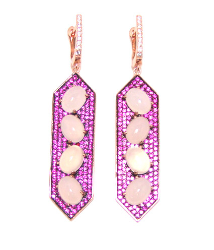 Prongs-Set Pink Rose Quartz Linear Four Stone Drop Earrings in Sterling Silver, Rose Gold Plate