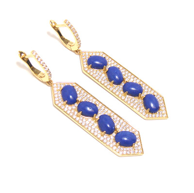 Prongs-Set Blue Lapis Lazulie Linear Four Stone Drop Earrings in Sterling Silver, Yellow Gold Plate