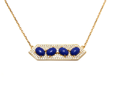 Prongs-Set Blue Lapis Lazulie Linear Four Stone Bar Necklace in Sterling Silver, Yellow Gold Plate