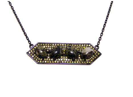 Prongs-Set Green Serpentine Linear Four Stone Bar Necklace in Sterling Silver, Black Gold Plate