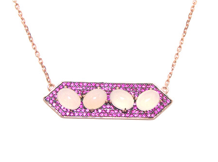 Prongs-Set Pink Rose Quartz Linear Four Stone Bar Necklace in Sterling Silver, Rose Gold Plate
