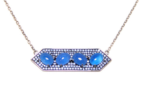 Prongs-Set Royal Blue Agate Linear Four Stone Bar Necklace in Sterling Silver, White Gold Plate