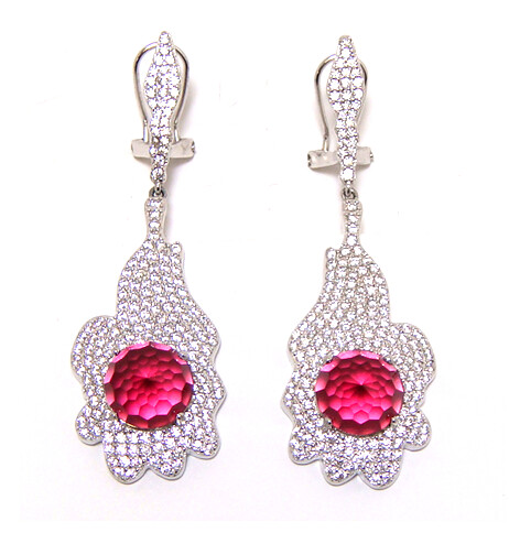 Simulated Ruby And Diamond Drop Earrings, 925 Sterling Silver, Platinum Plate