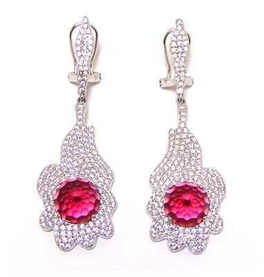 Simulated Ruby And Diamond Drop Earrings, 925 Sterling Silver, Platinum Plate
