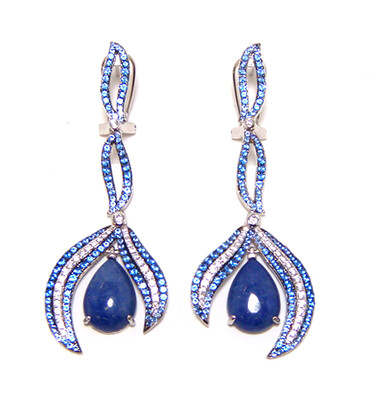 Pear-Shaped Sodalite and Simulated Diamond, Tanzinite Dangle Drop Earrings in 925 Sterling Silver