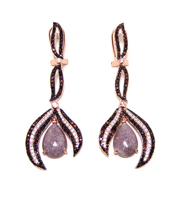 Pear-Shaped Aventurine and Simulated Diamond, Dangle Drop Earrings in 925 Sterling Silver, Rose Gold