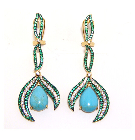 Pear-Shaped Turquoise and Simulated Diamond, Dangle Drop Earrings in 925 Sterling Silver, Yellow Gold