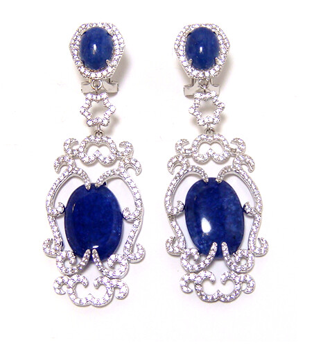 Oval Shape Blue Jade Dangle Earrings, 925 Sterling Silver, Platinum Embraced
