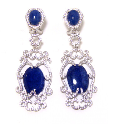 Oval Shape Blue Jade Dangle Earrings, 925 Sterling Silver, Platinum Embraced