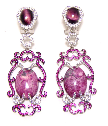 Oval Shape Pink Rhodonite Dangle Earrings, 925 Sterling Silver, Platinum Embraced