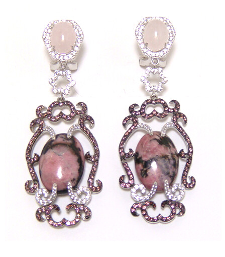Oval Shape Pink Rhodonite Dangle Earrings, 925 Sterling Silver, Platinum Embraced