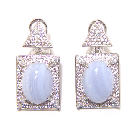 Blue Lace Agate Dangle Earrings, 925 Sterling Silver, Platinum Embraced