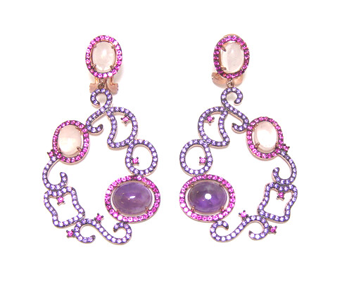 Amethyst, Rose Quartz Dangle Earrings, 925 Sterling Silver, Rose Gold Embraced