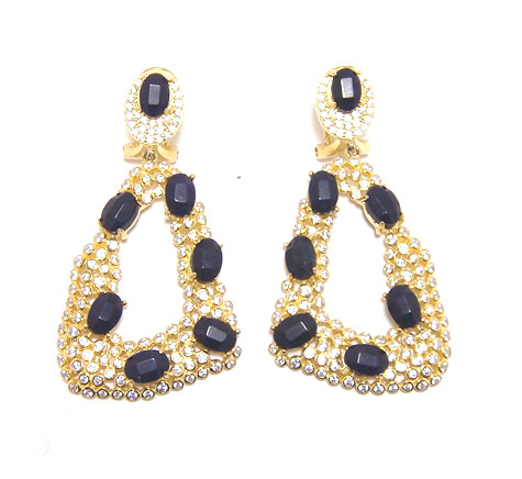 Dark Blue Agate Simulated Diamond Bezel Set Drop Earrings , 925 Sterling Silver, Yellow Gold