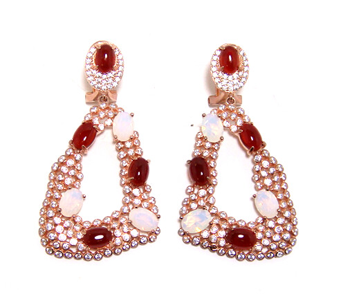 Red Agate, created Opal Simulated Diamond Bezel Set Drop Earrings , 925 Sterling Silver, Rose Gold