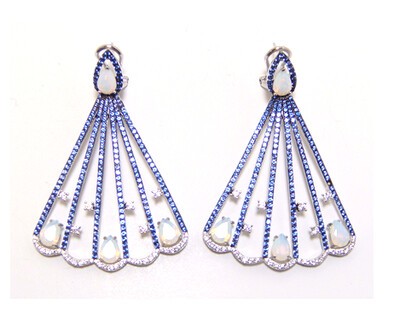 Created Opal Simulated Tanzanite Drop Earrings , 925 Sterling Silver, Platinum
