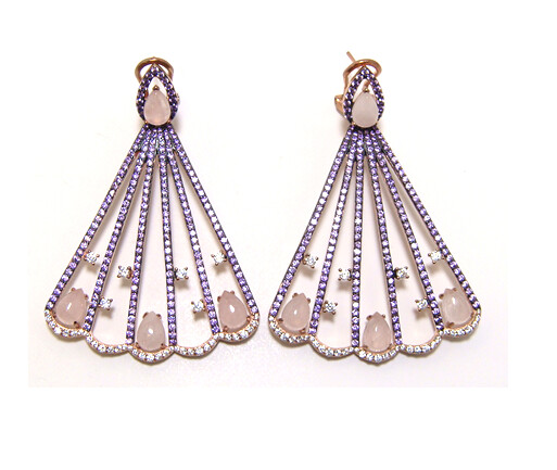 Pink Rose Quartz Simulated Amethyst Drop Earrings , 925 Sterling Silver, Rose Gold