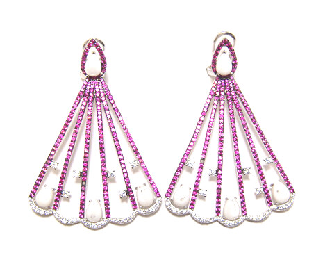 White Agate Simulated Ruby Drop Earrings , 925 Sterling Silver, Platinum