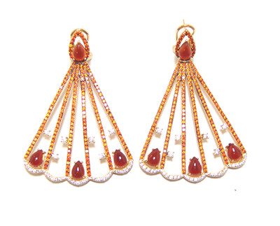 Red Agate Simulated Orange Sapphire Drop Earrings , 925 Sterling Silver, Platinum