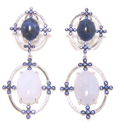 Blue Lace Agate, Sodalite Dangle Earrings, 925 Sterling Silver, Platinum Embraced
