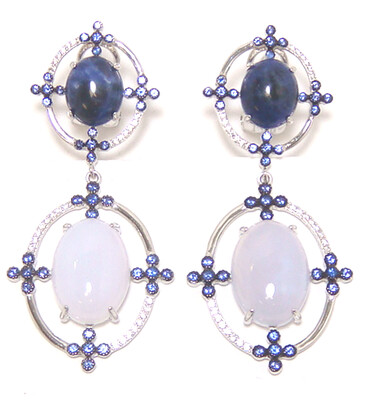 Blue Lace Agate, Sodalite Dangle Earrings, 925 Sterling Silver, Platinum Embraced