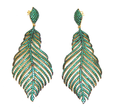 Simulated Green Emerald Leaf Vintage-Style Drop Earrings in Sterling Silver, Yellow Gold