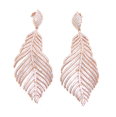 Simulated White Diamond Leaf Vintage-Style Drop Earrings in Sterling Silver, Rose Gold