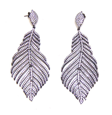 Simulated White Diamond Leaf Vintage-Style Drop Earrings in Sterling Silver, Black Gold
