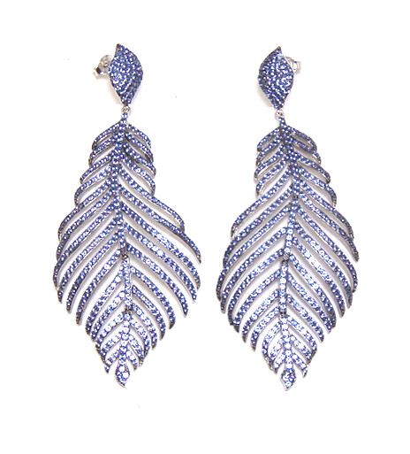Simulated Blue Sapphire Leaf Vintage-Style Drop Earrings in Sterling Silver, Platinum